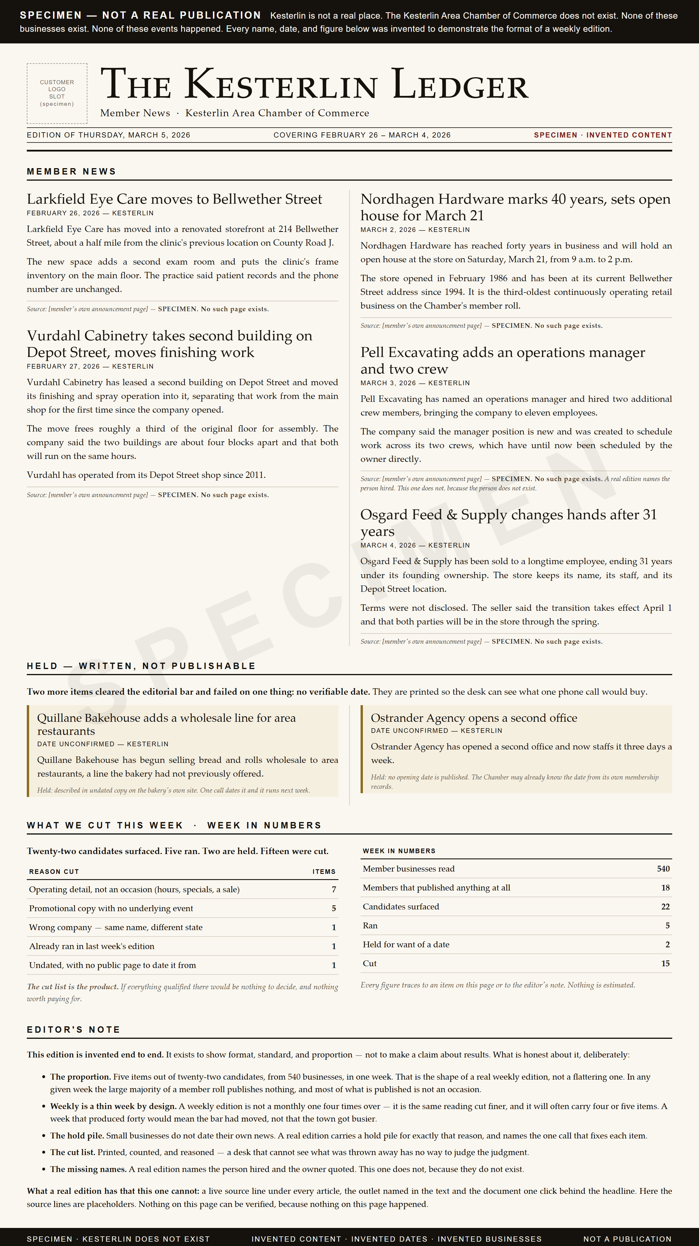 Specimen edition of The Kesterlin Ledger, an invented chamber newspaper used to show the weekly format